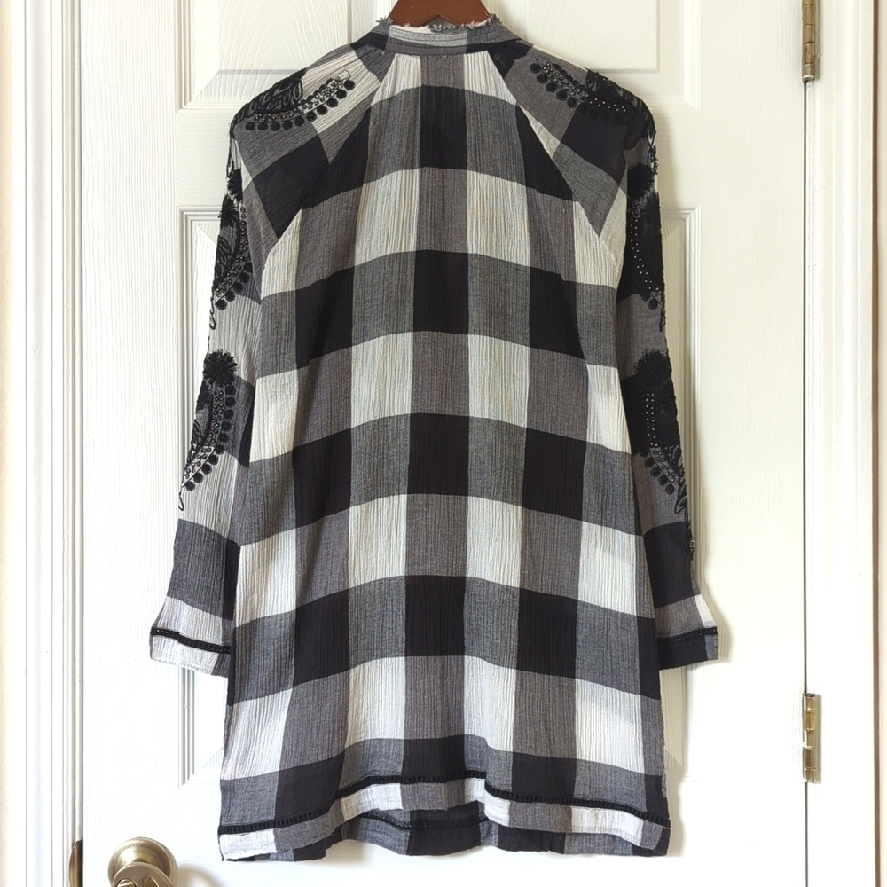 Free People Embroidered & Beaded Buffalo Plaid Gauze Long Sleeve Tunic Top XS - Picture 10 of 12
